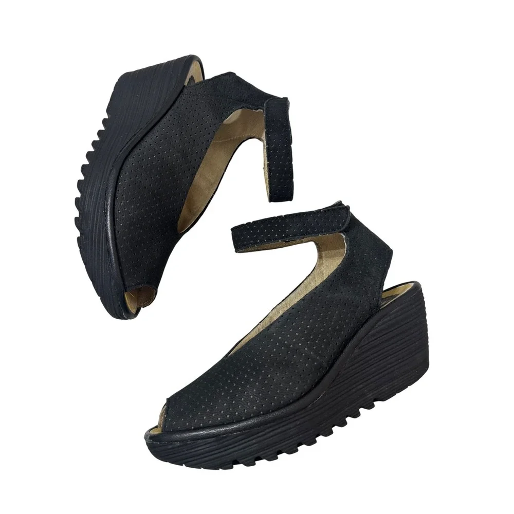 Fly London Yala Wedge Sandals  7 Black Good Perforated Suede P500376028